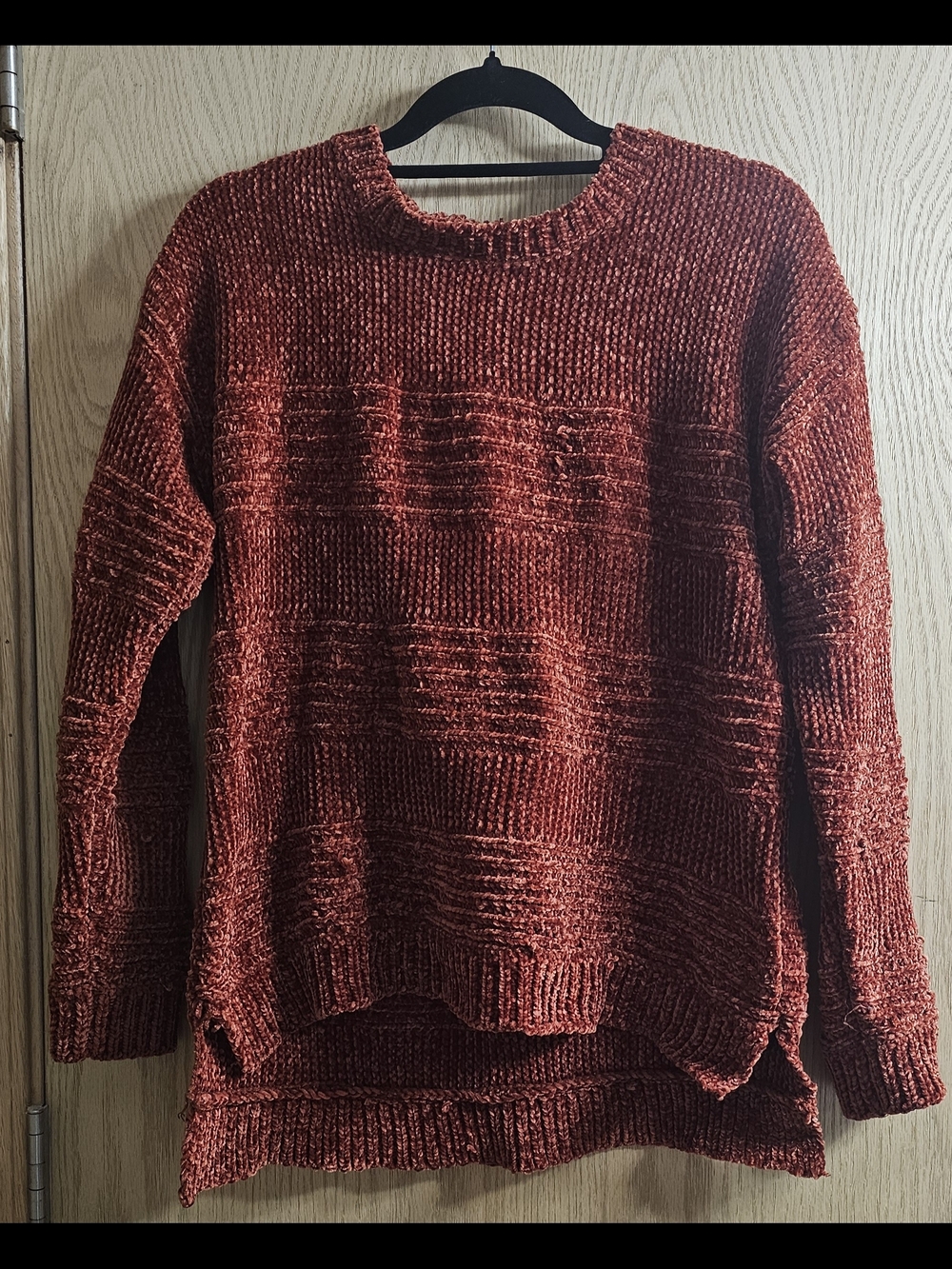 Poof! Women's Rust Chenille Crew Neck Sweater